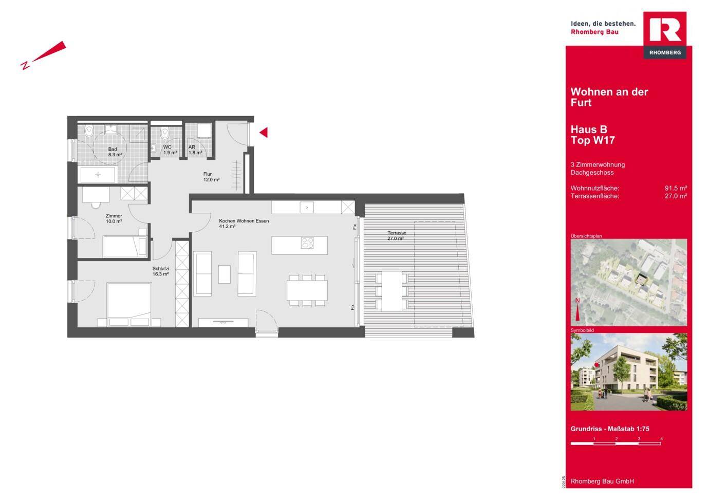 Grundriss einer modernen 3-Zimmer-Wohnung mit offener Küche, zwei Bädern und großer Terrasse.