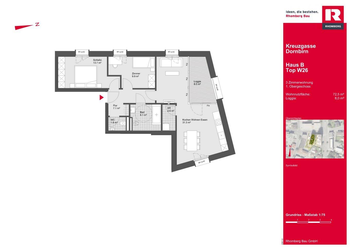 Grundriss einer modernen 3-Zimmer-Wohnung mit offener Küche, Wohnbereich und Loggia.
