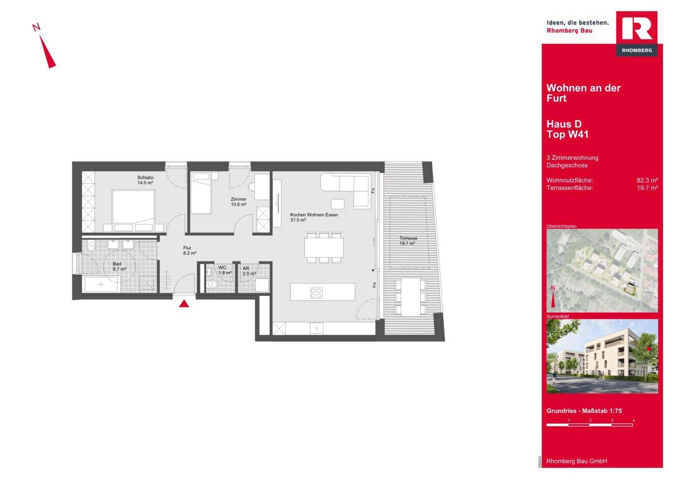 Dieser Grundriss zeigt eine moderne Wohnung mit offenem Wohn-Essbereich, zwei Schlafzimmern und einer geräumigen Terrasse.