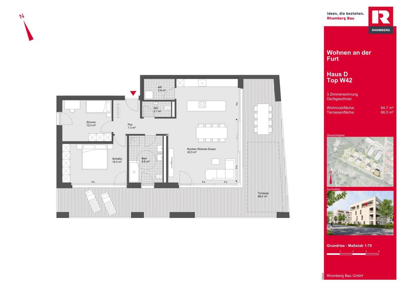Geräumiger Grundriss einer 3-Zimmer-Wohnung mit offenem Wohnbereich, zwei Terrassen und separatem WC.
