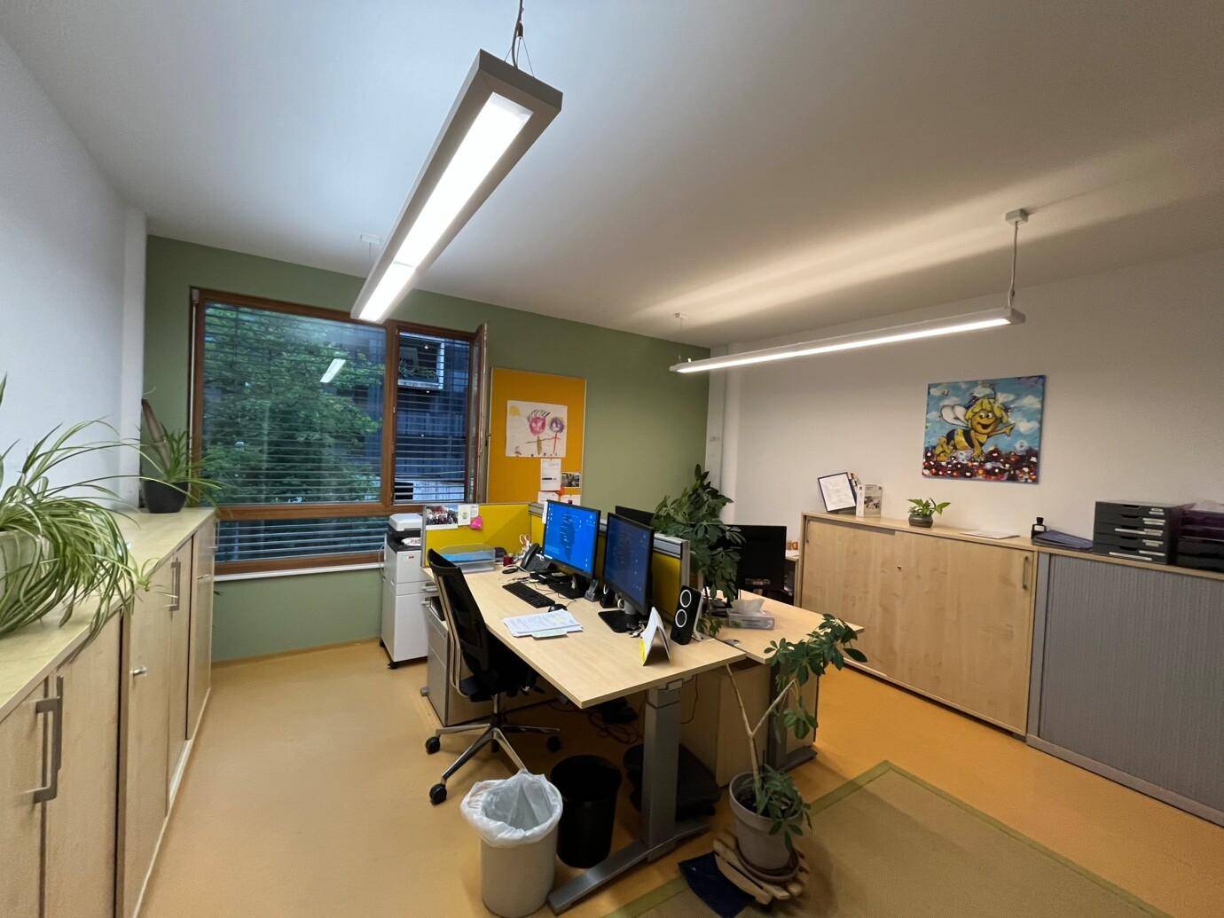 Modernes Büro mit mehreren Arbeitsplätzen, Holzschränken und großen Fenstern mit Blick ins Grüne.