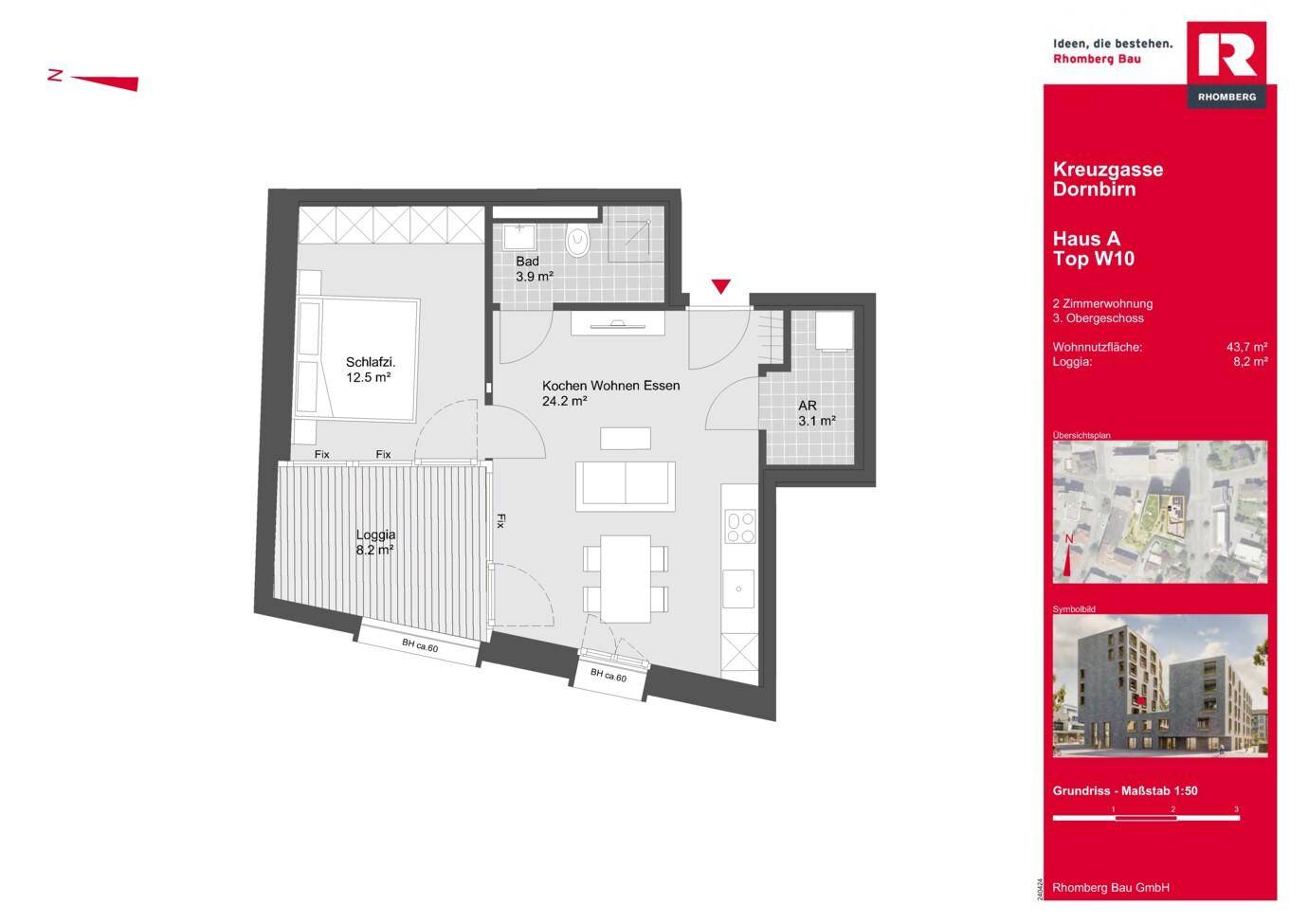 Grundriss einer modernen 2-Zimmerwohnung im dritten Obergeschoss mit offenem Wohnbereich und Loggia.