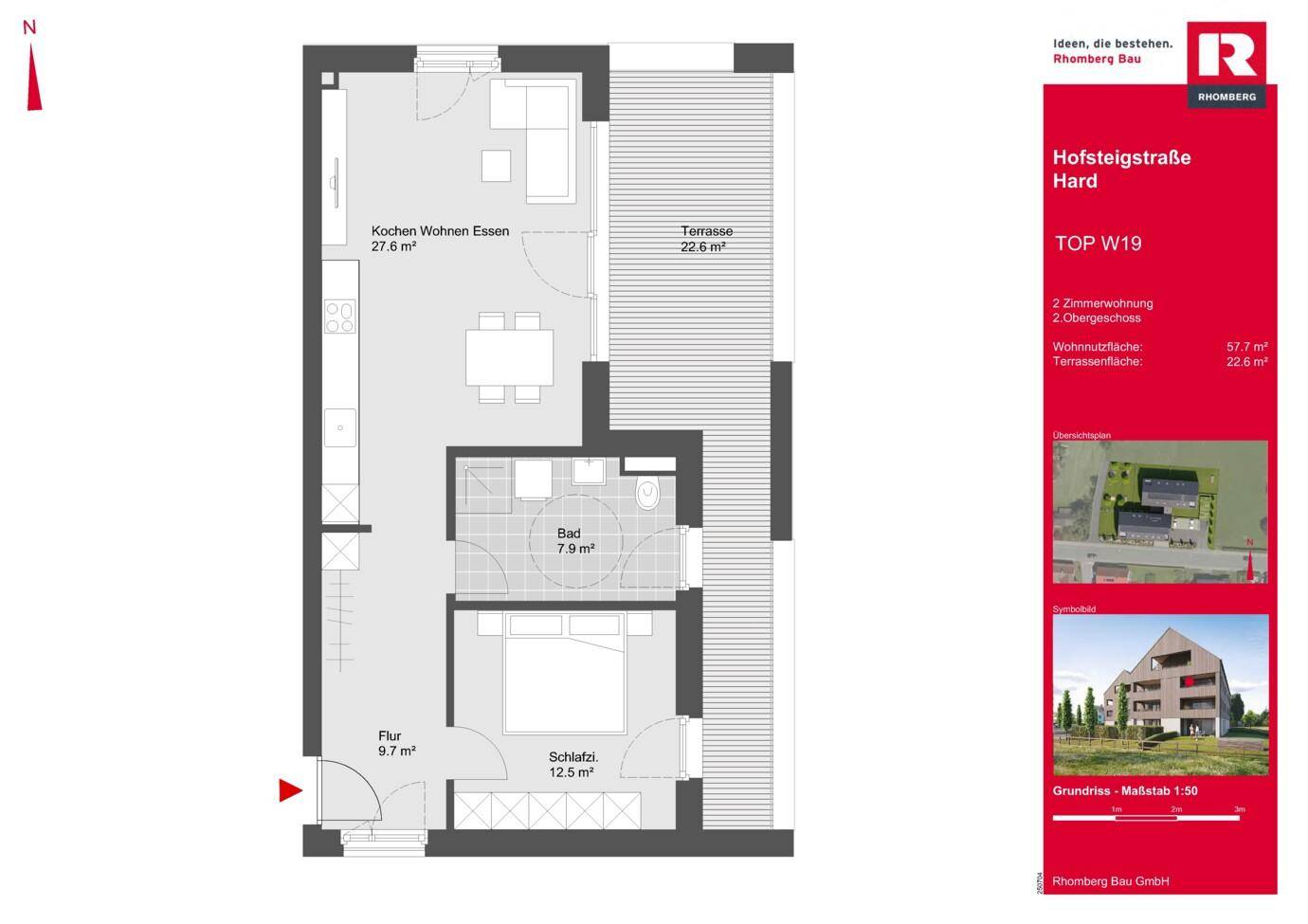 Grundriss einer 2-Zimmer-Wohnung mit offenem Wohnbereich, Schlafzimmer und großer Terrasse.