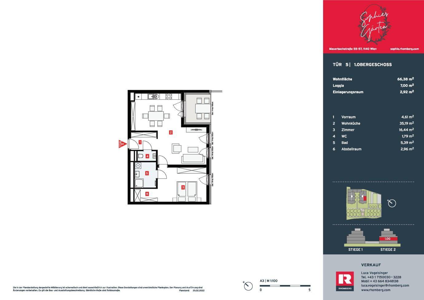 Detaillierter Grundriss einer Obergeschosswohnung mit offenem Wohn- und Küchenbereich, separatem WC und einer Loggia.