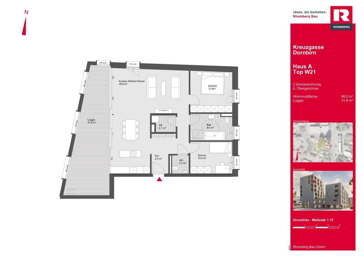 Grundriss einer modernen 3-Zimmer-Wohnung mit offener Wohnküche, Loggia und zwei Bädern.