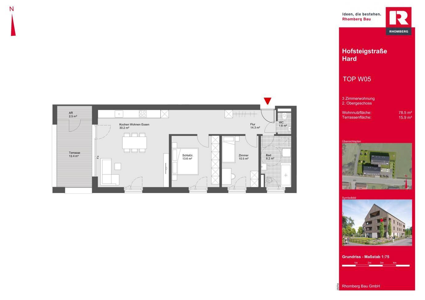 Grundriss der Wohnung TOP W05 mit offenem Wohnbereich, zwei Schlafzimmern und großer Terrasse.