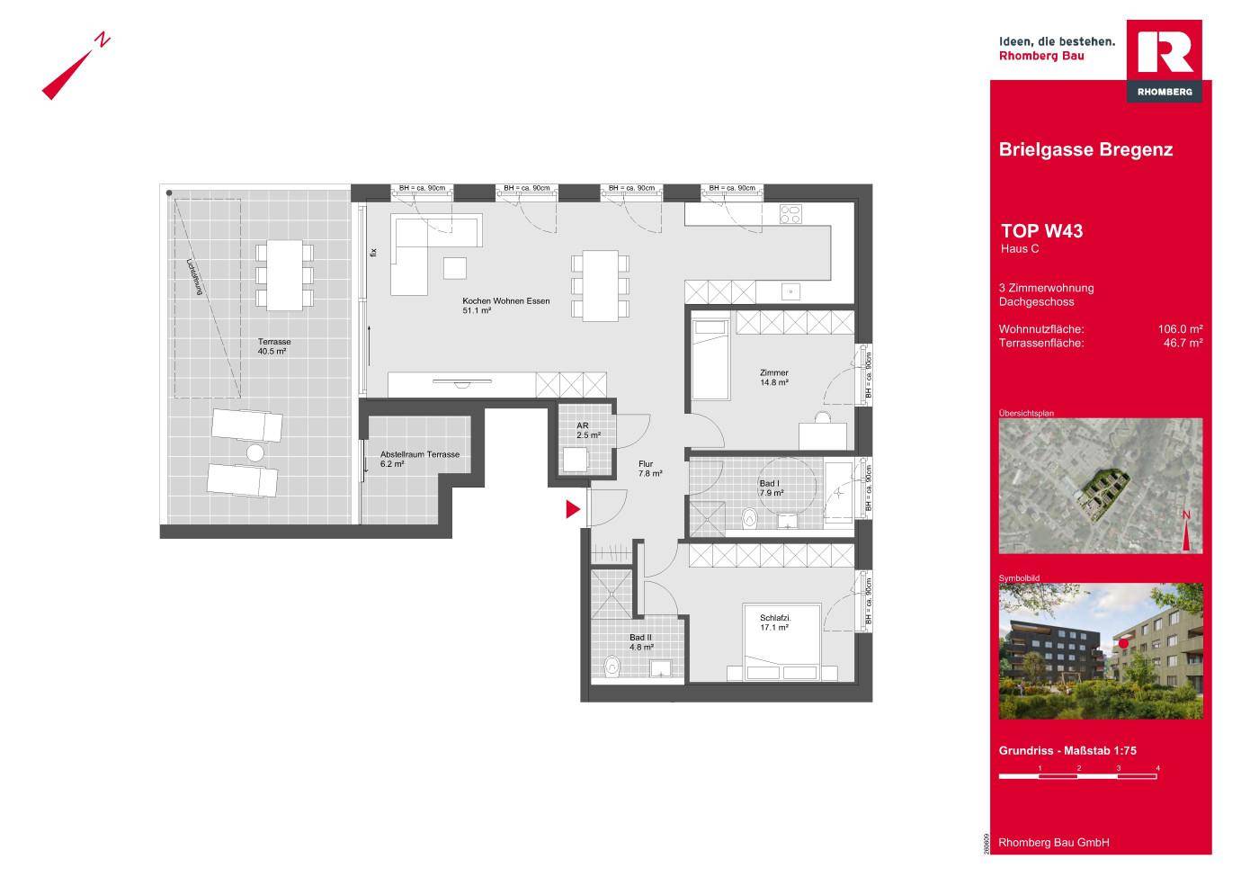 Grundriss der Dachgeschosswohnung TOP W43 mit großer Terrasse und offenem Wohnbereich.