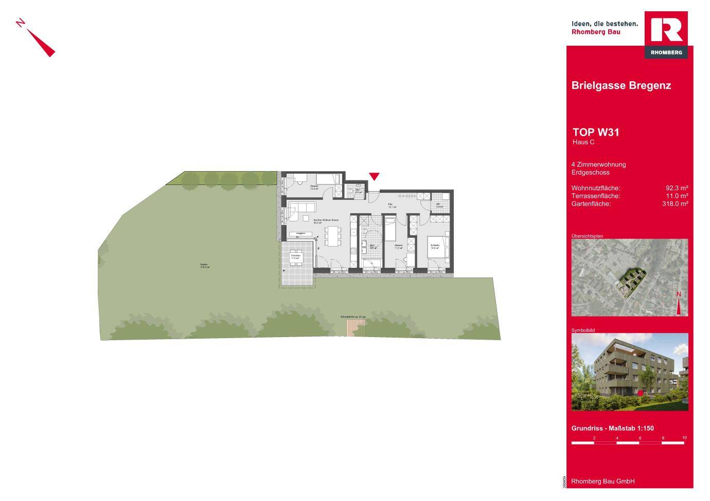 Grundriss einer 4-Zimmer-Erdgeschosswohnung mit offenem Wohnbereich, Terrasse und großem Garten.
