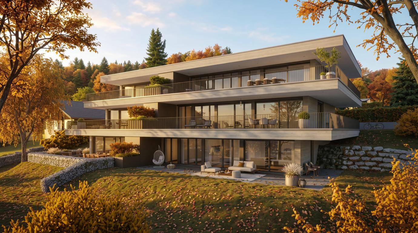 Moderne Architektur mit mehreren Balkonen und Terrassen, eingebettet in eine herbstliche Landschaft.