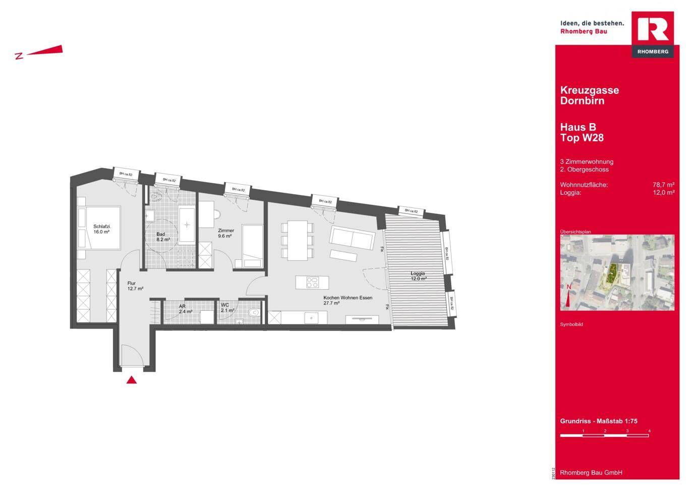Grundriss einer 3-Zimmer-Wohnung im 2. Obergeschoss mit offener Wohnküche, zwei Schlafzimmern und einer Loggia von 12,0 m².