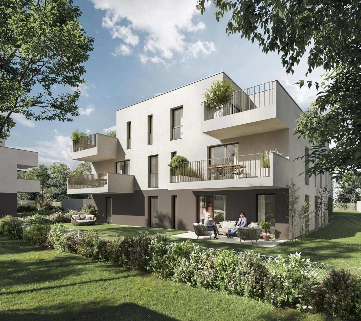 Modernes Mehrfamilienhaus mit weißer Fassade und dunkelgrauem Sockel, Balkonen, Terrassen und Garten in Leopoldsdorf bei Wien (Punkthaus).