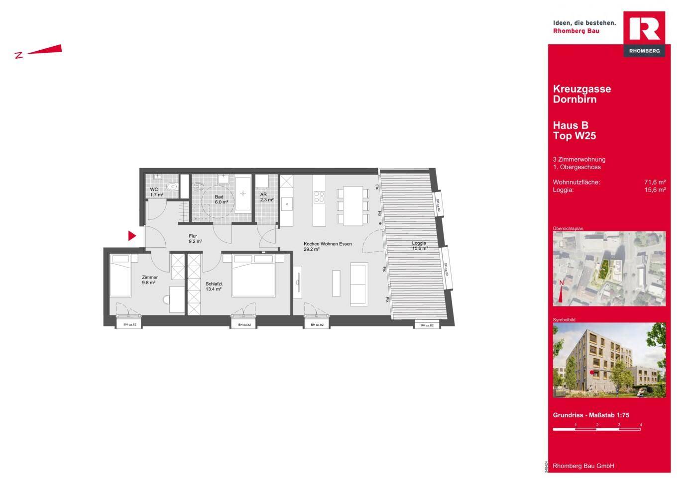 Grundriss einer 3-Zimmer-Wohnung im Obergeschoss mit offenem Wohnbereich, zwei Schlafzimmern und einer Loggia.