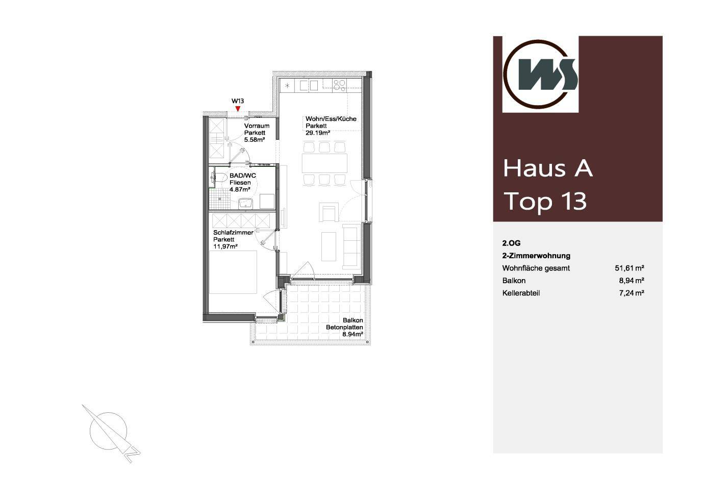Grundriss einer 2-Zimmer-Wohnung im 2. Obergeschoss mit offenem Wohn-/Essbereich und Balkon.
