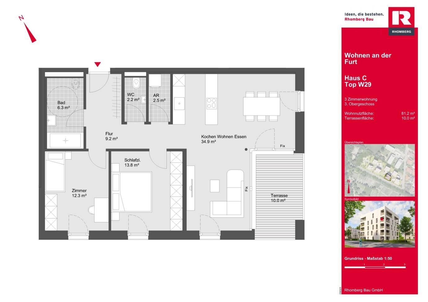 Detaillierter Grundriss einer Wohnung mit offenem Wohnbereich, zwei Schlafzimmern und einer Terrasse.