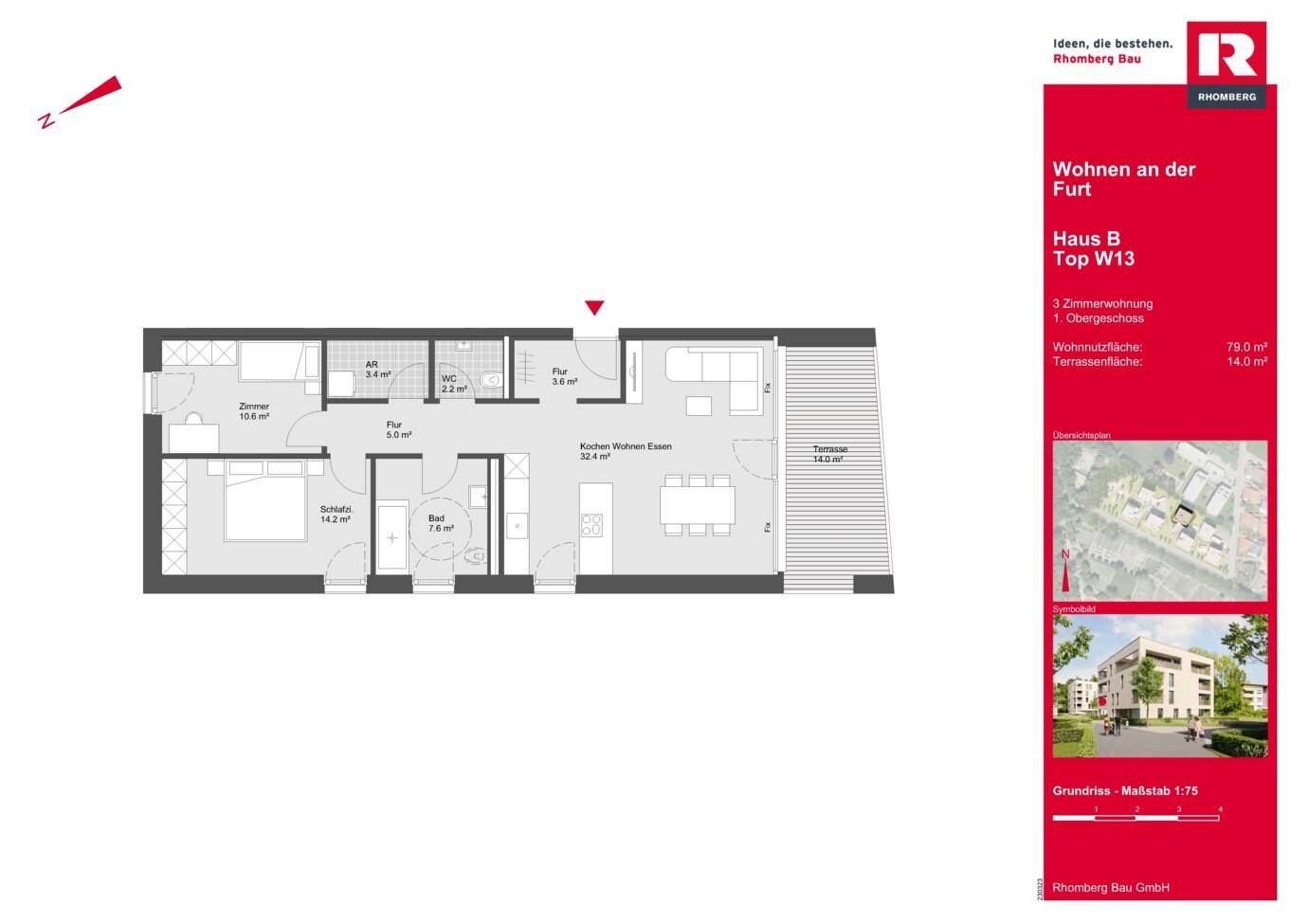 Grundriss einer 3-Zimmer-Wohnung mit offenem Wohnbereich, separatem WC und großer Terrasse.