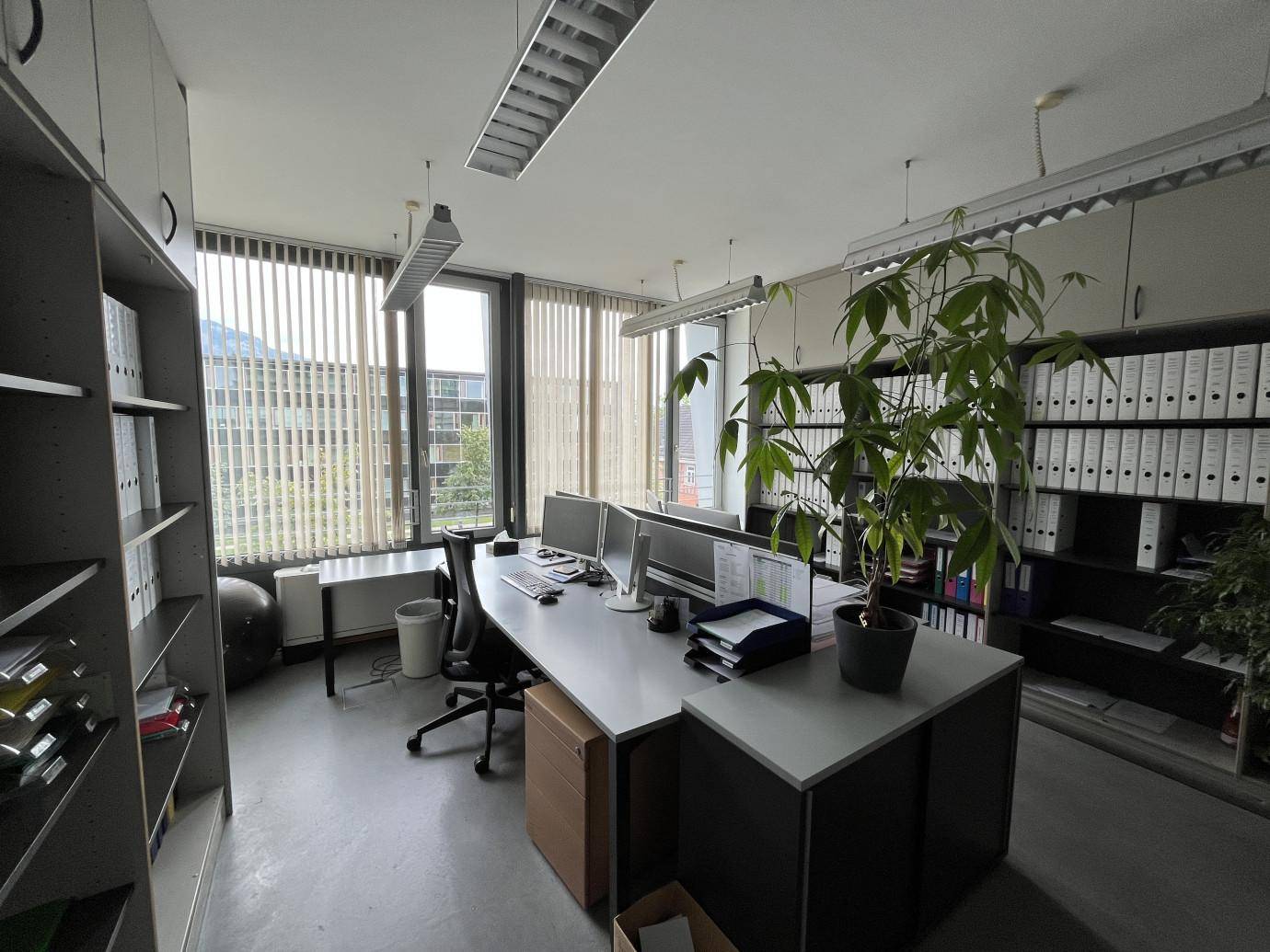 Büro mit mehreren Arbeitsplätzen, Regalen und großen Fenstern mit Jalousien für Privatsphäre.