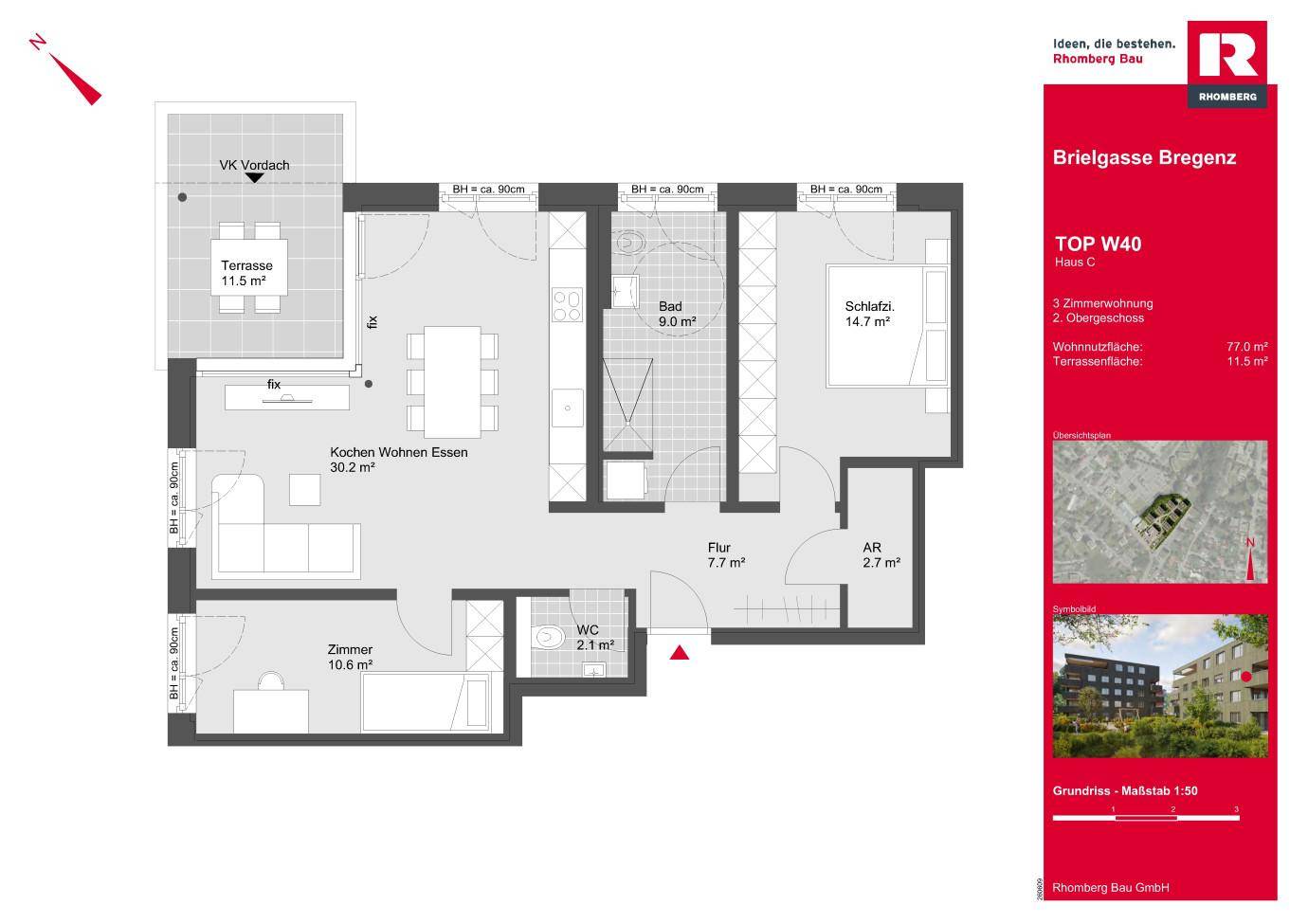 Grundriss einer 3-Zimmer-Wohnung mit offener Küche, Wohn- und Essbereich sowie einer großzügigen Terrasse.