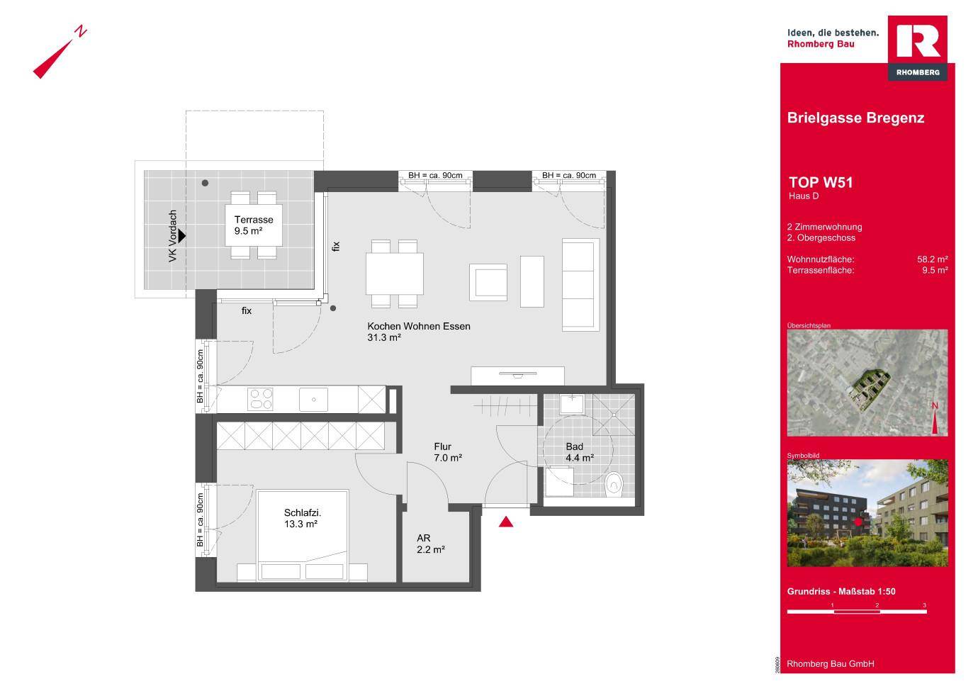 Grundriss einer 2-Zimmer-Wohnung mit offener Küche, Wohnbereich, Schlafzimmer und Terrasse.