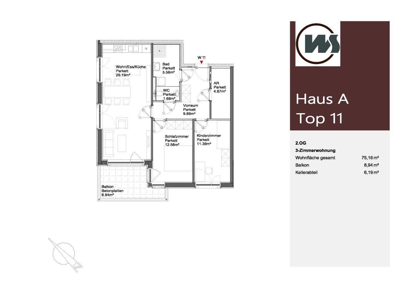 Grundriss der 3-Zimmer-Wohnung Haus A Top 11 mit offenem Wohnbereich und Balkon.