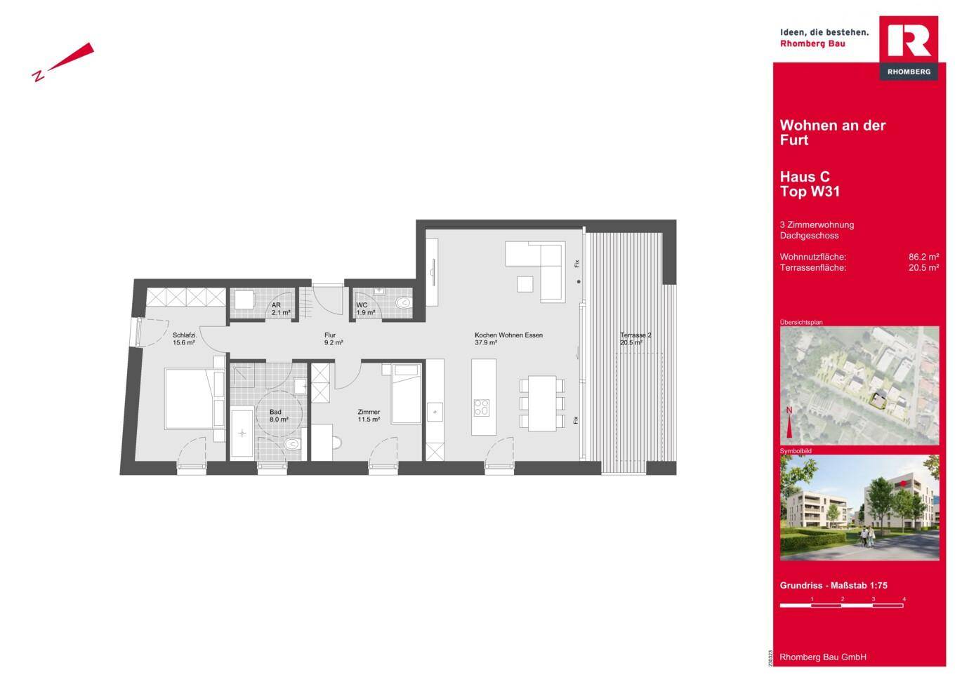 Grundriss einer 3-Zimmer-Wohnung mit offenem Wohn-Essbereich, zwei Schlafzimmern, Bad, separatem WC und großer Terrasse.