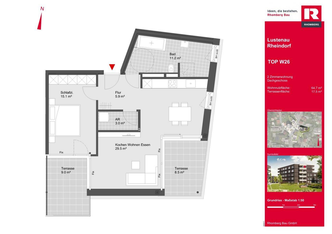 Grundriss der 2-Zimmer-Wohnung TOP W26 mit offenem Wohnbereich, Schlafzimmer und zwei Terrassen.