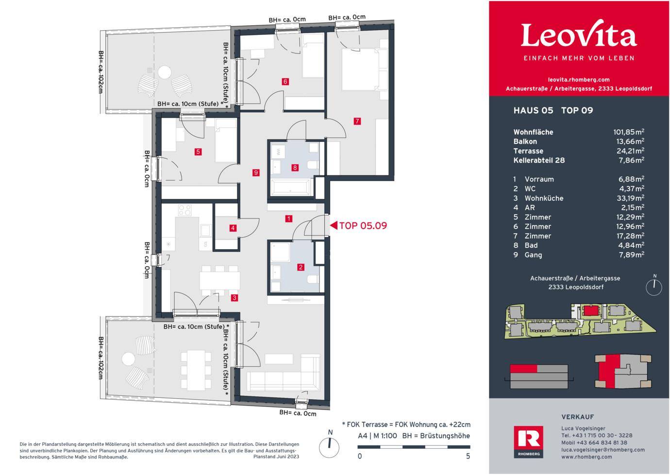 Grundriss der Wohnung TOP 05.09 mit offener Wohnküche, drei Zimmern, zwei Bädern und großzügigen Terrassen.