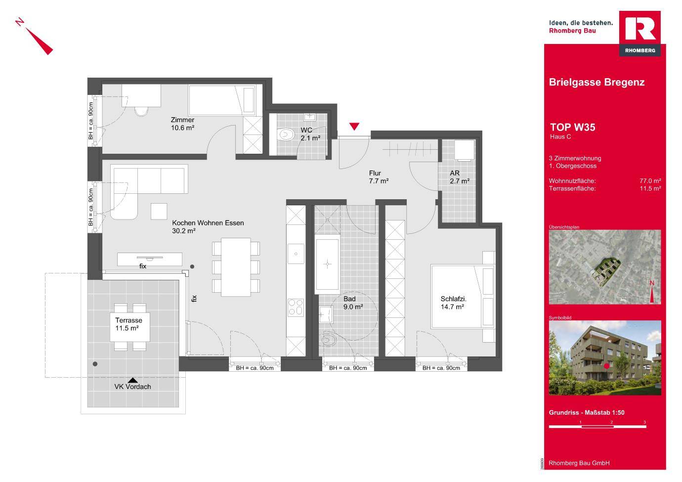 Grundriss einer 3-Zimmer-Wohnung mit offenem Wohnbereich, Schlafzimmer und großer Terrasse.