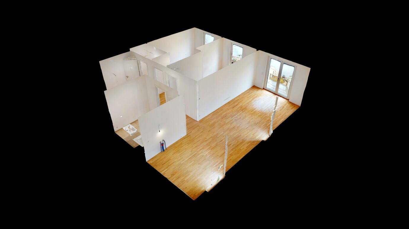 Aufbau eines virtuellen 3D-Grundrisses einer Wohnung mit Parkettböden und Zugang zu einem Balkon, Achauerstraße 14.