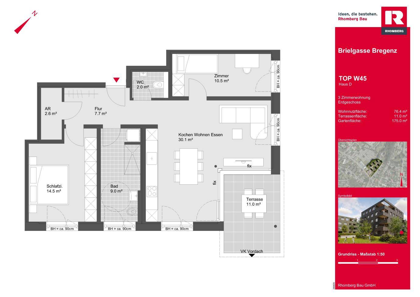 Detaillierter Grundriss einer 3-Zimmer-Wohnung mit offenem Wohnbereich, Terrasse und separatem WC.