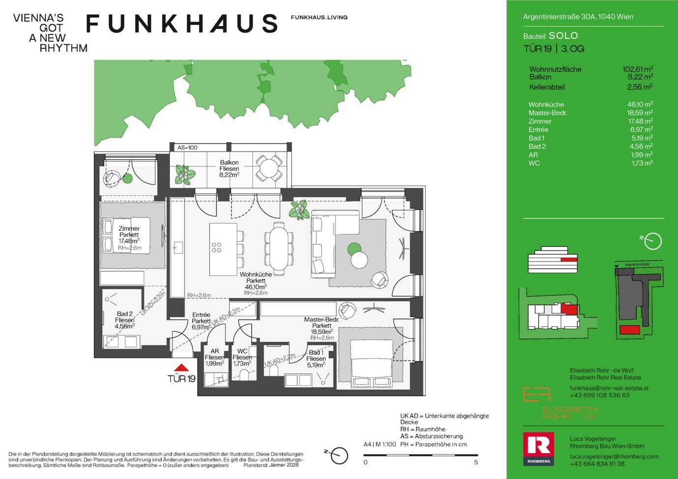 Grundriss einer Wohnung mit offener Wohnküche, zwei Schlafzimmern und Balkon.