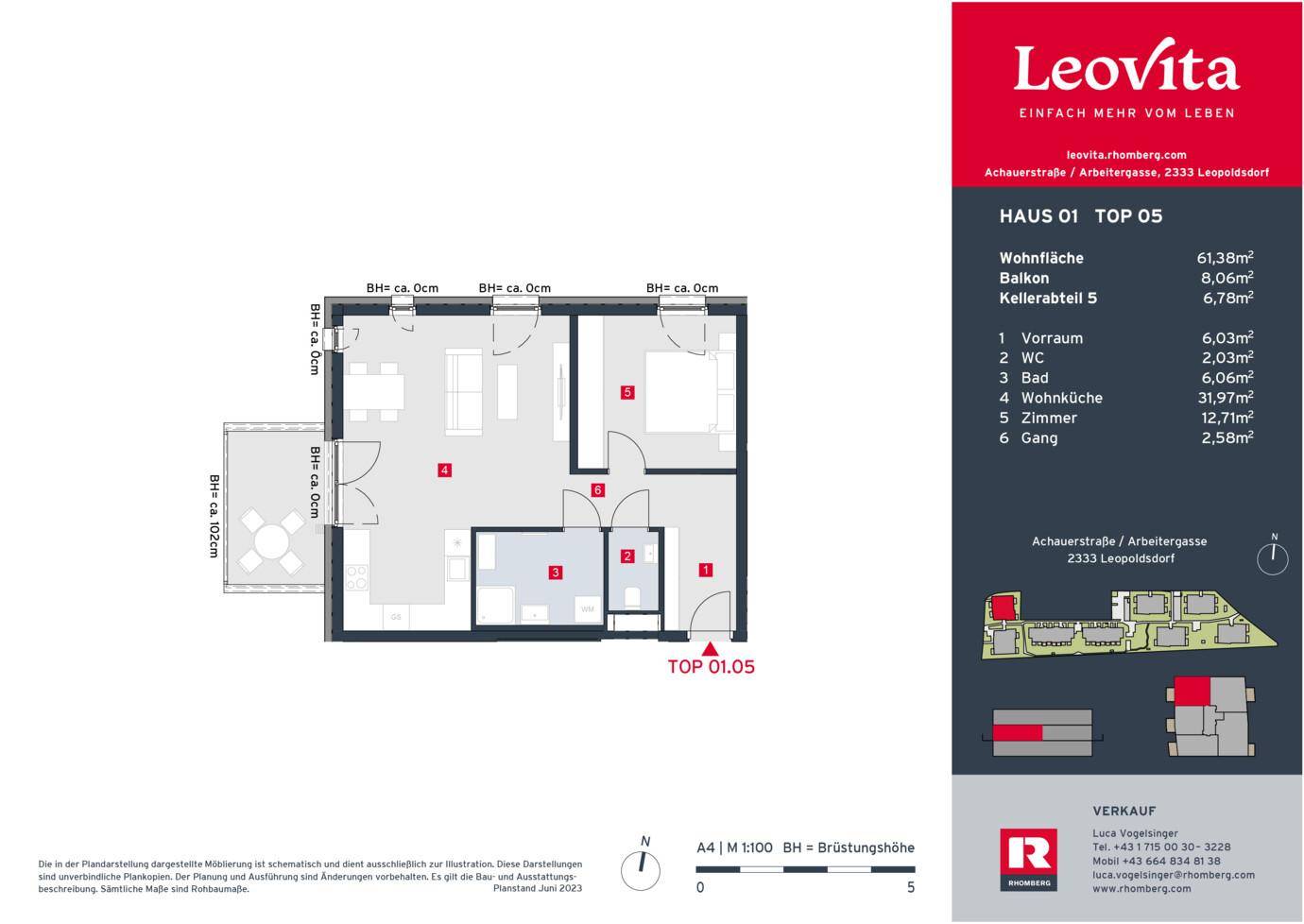 Detaillierter Grundriss einer Wohnung mit Balkon und separatem WC.