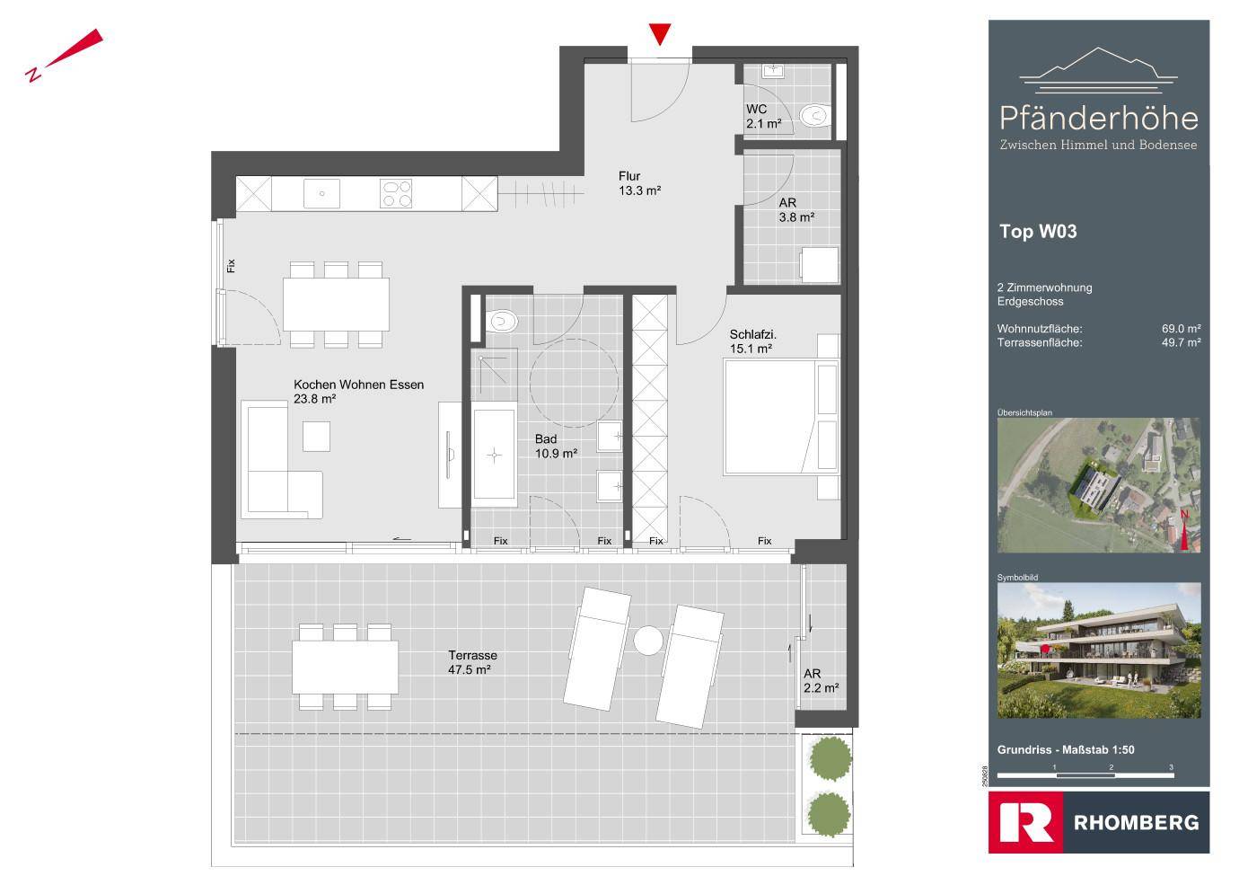 Grundriss einer 2-Zimmer-Wohnung mit offenem Wohnbereich, Schlafzimmer, Bad, separatem WC und großer Terrasse.