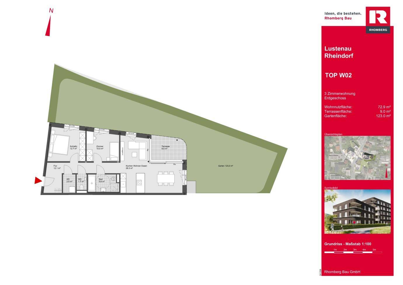 Grundriss einer Erdgeschosswohnung mit offenem Wohnbereich, zwei Bädern, separatem WC, Terrasse und großem Garten.