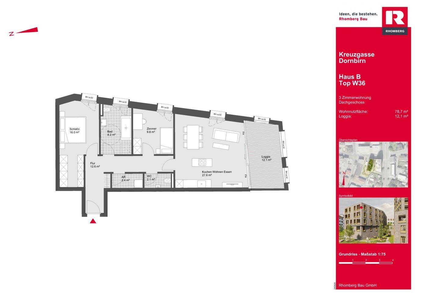 Grundriss einer 3-Zimmer-Wohnung mit offener Wohnküche, Bad, separatem WC und Loggia.