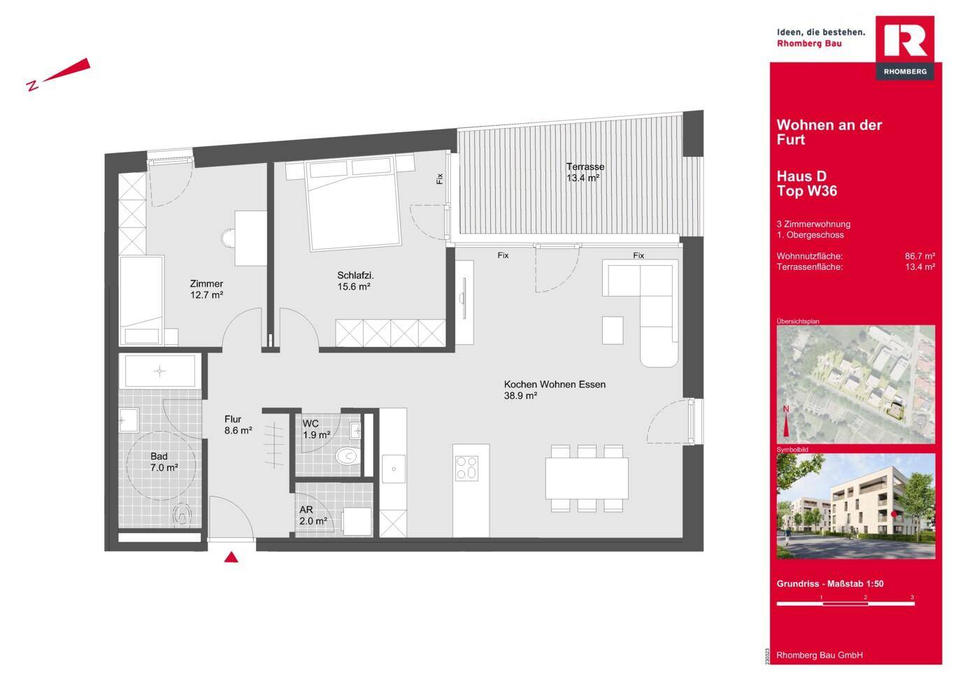Detaillierter Grundriss einer 3-Zimmer-Wohnung mit offener Küche, Wohn- und Essbereich sowie einer großen Terrasse.