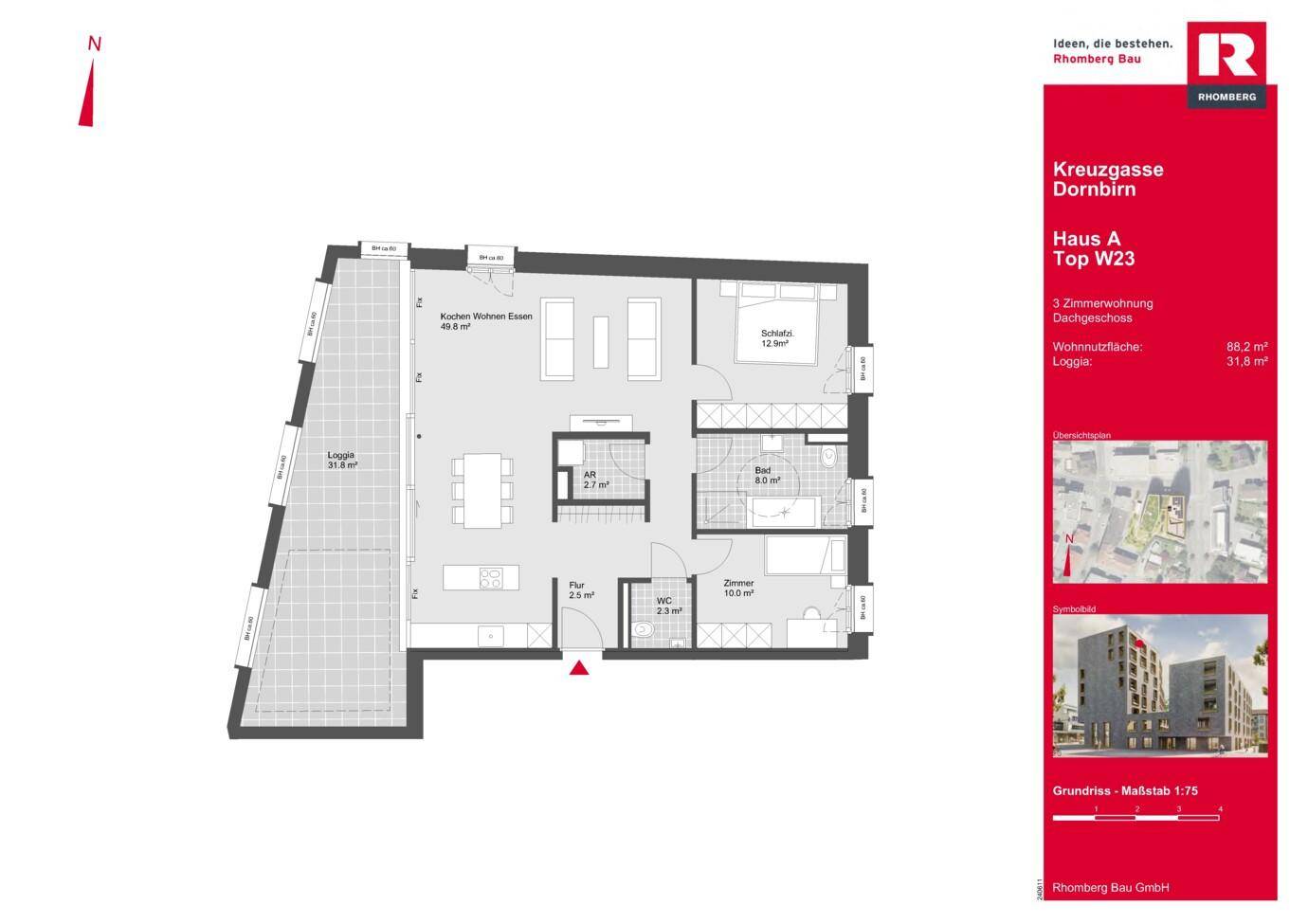 Grundriss einer 3-Zimmer-Dachgeschosswohnung mit offener Wohnküche, Loggia und separatem WC.