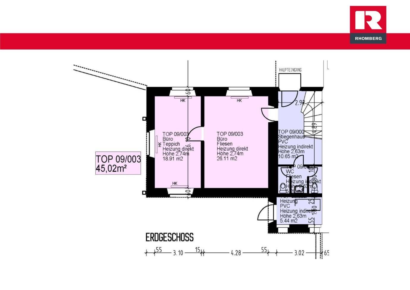 Grundriss des Erdgeschosses mit zwei Büroräumen, Treppenhaus und separatem WC-Bereich.