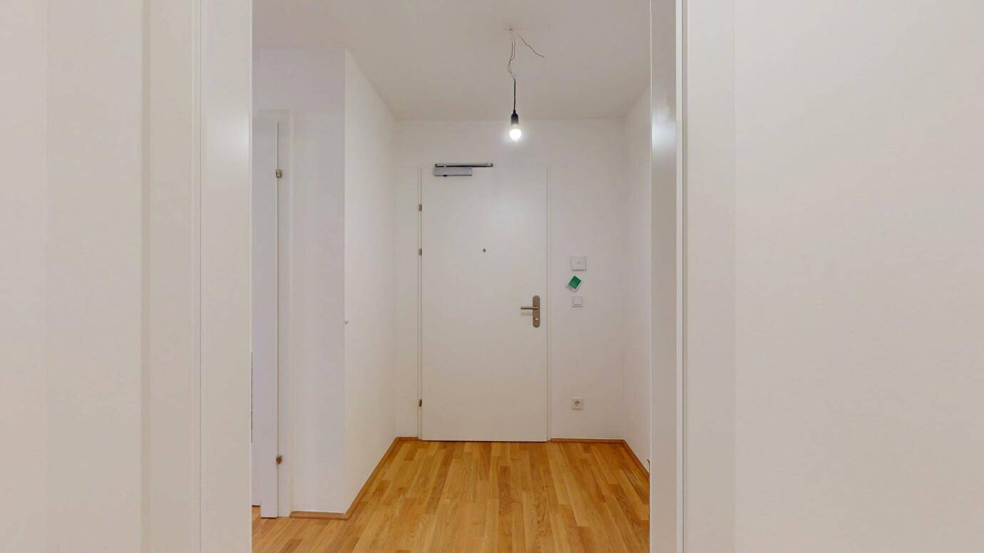 Heller Eingangsbereich mit Holzboden und moderner Wohnungstür.