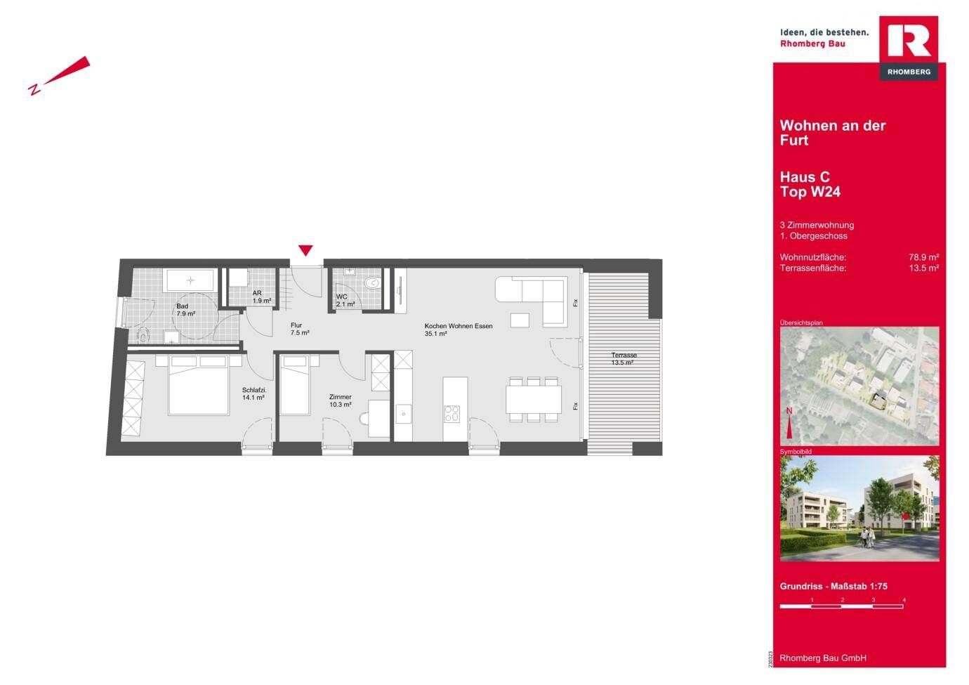 Grundriss einer 3-Zimmer-Wohnung mit offenem Wohnbereich, separatem WC und großer Terrasse.