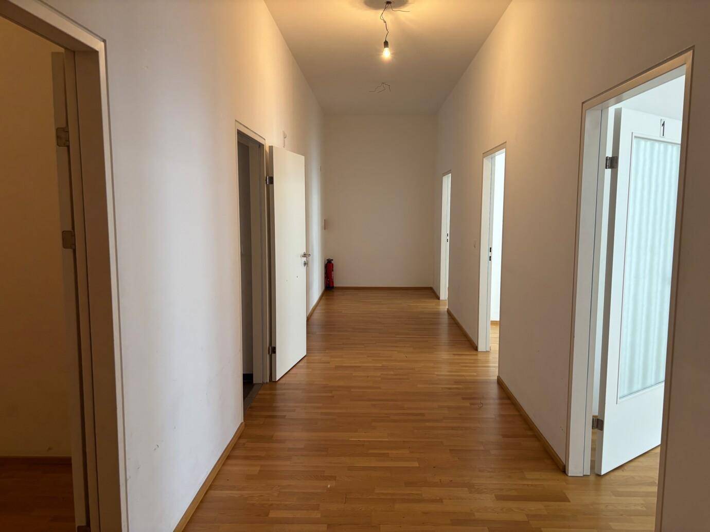 Langer Flur mit mehreren Türen, Holzfußboden und weiß gestrichenen Wänden.