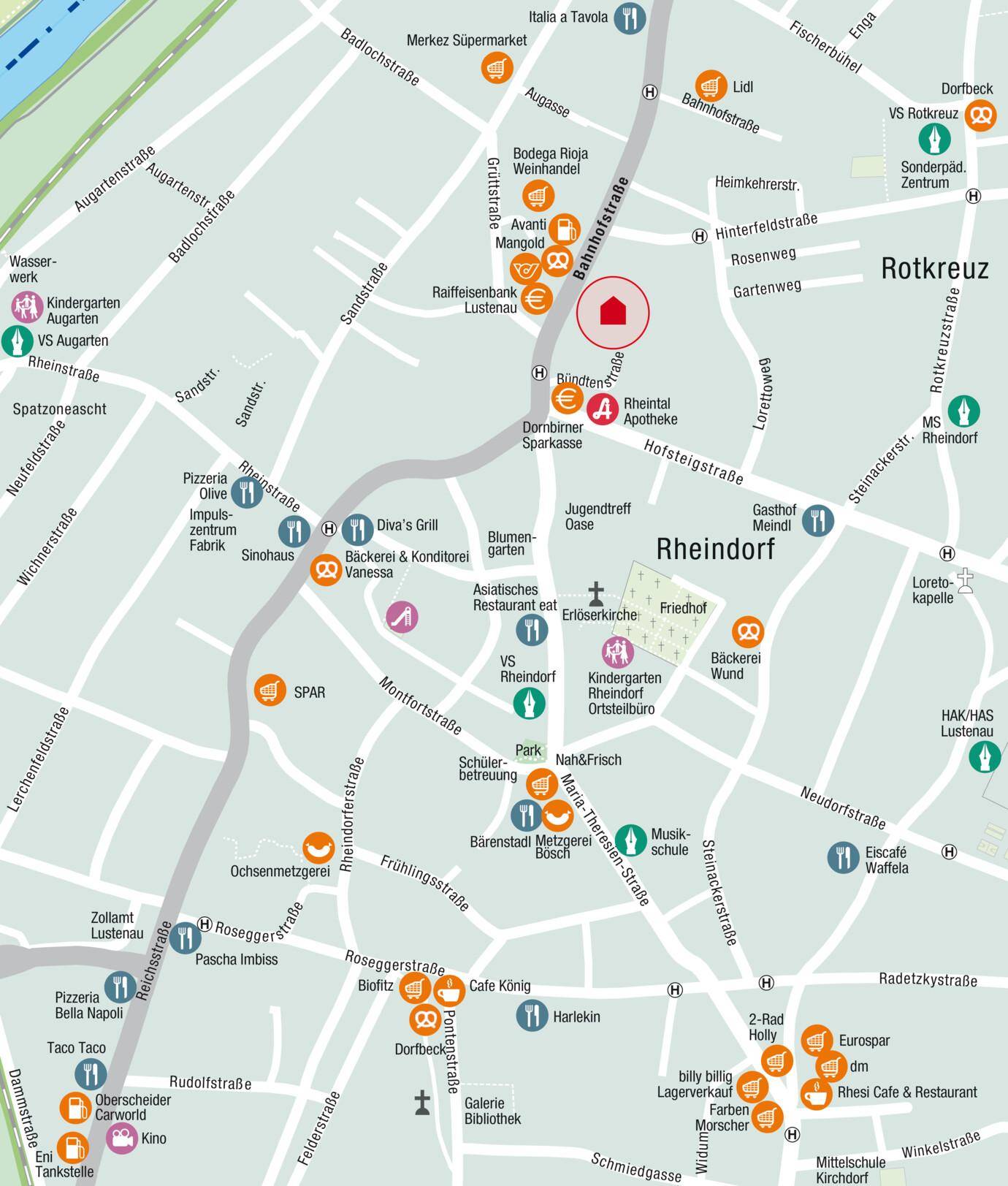Ein detaillierter Ortsplan der Stadtteile Rheindorf und Rotkreuz mit eingezeichneten Geschäften, Restaurants, öffentlichen Einrichtungen und Straßennamen.