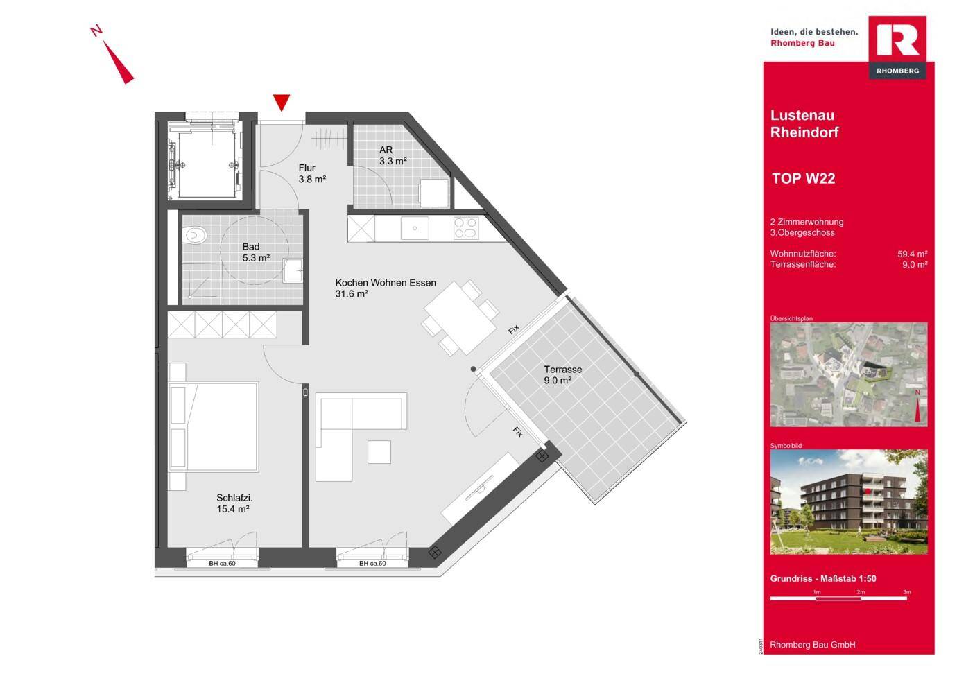 Grundriss einer 2-Zimmer-Wohnung mit offenem Wohnbereich, Schlafzimmer, Bad und Terrasse.