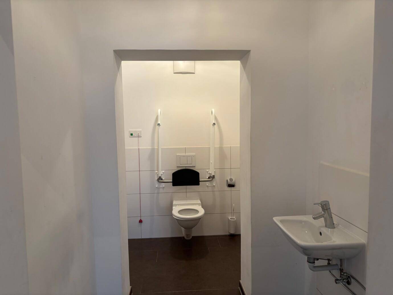 Barrierefreies Badezimmer mit Haltegriffen an der Toilette und einem separaten Waschbeckenbereich.