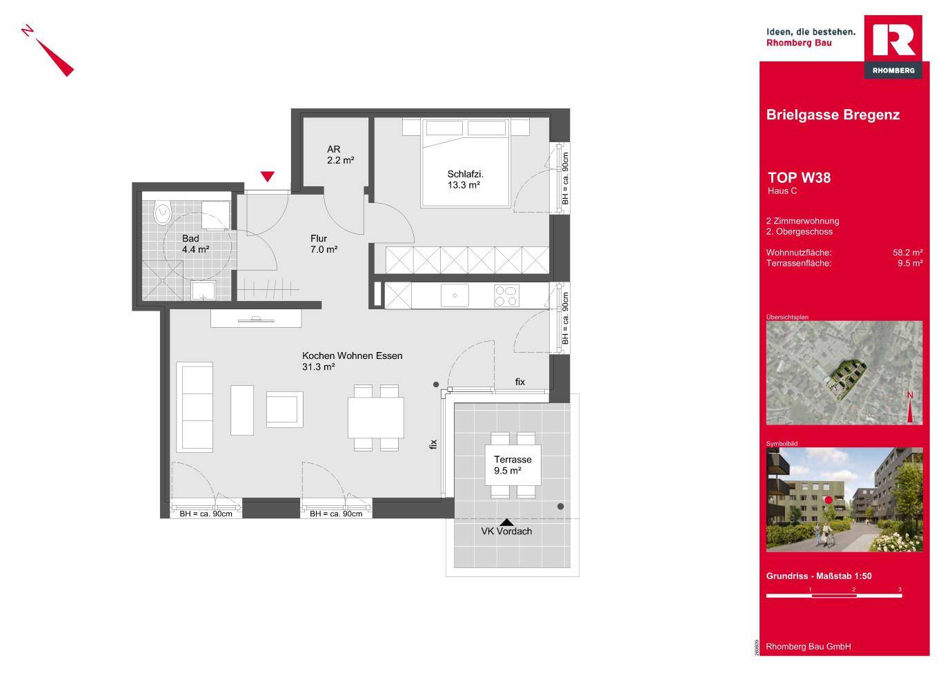 Grundriss der 2-Zimmer-Wohnung TOP W38 mit offener Küche, Wohnbereich und Terrasse.