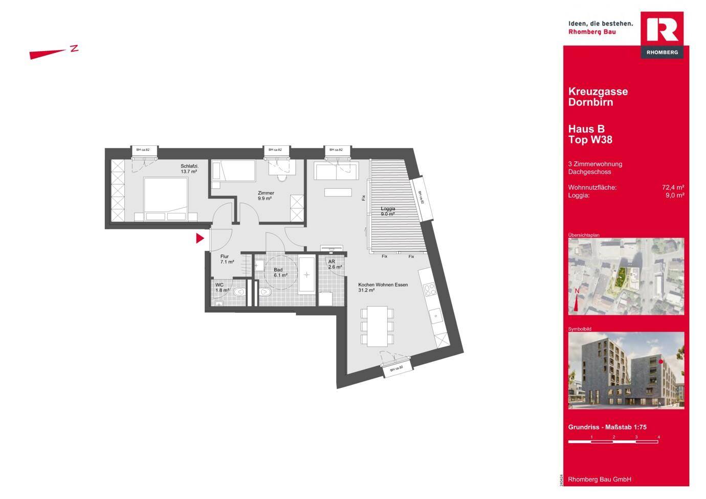 Grundriss einer 3-Zimmer-Dachgeschosswohnung mit offener Wohnküche und Loggia.