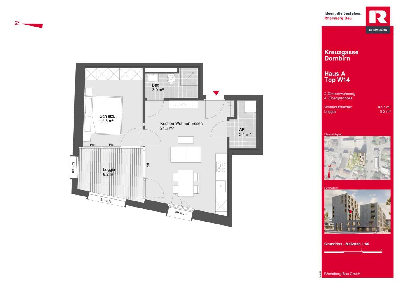 Detaillierter Grundriss einer 2-Zimmer-Wohnung mit Loggia und offenem Wohn-Essbereich.