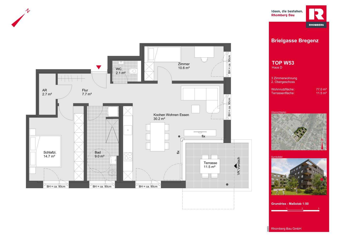 Grundriss einer 3-Zimmer-Wohnung mit offenem Wohn-Essbereich, separatem Schlafzimmer und großer Terrasse.