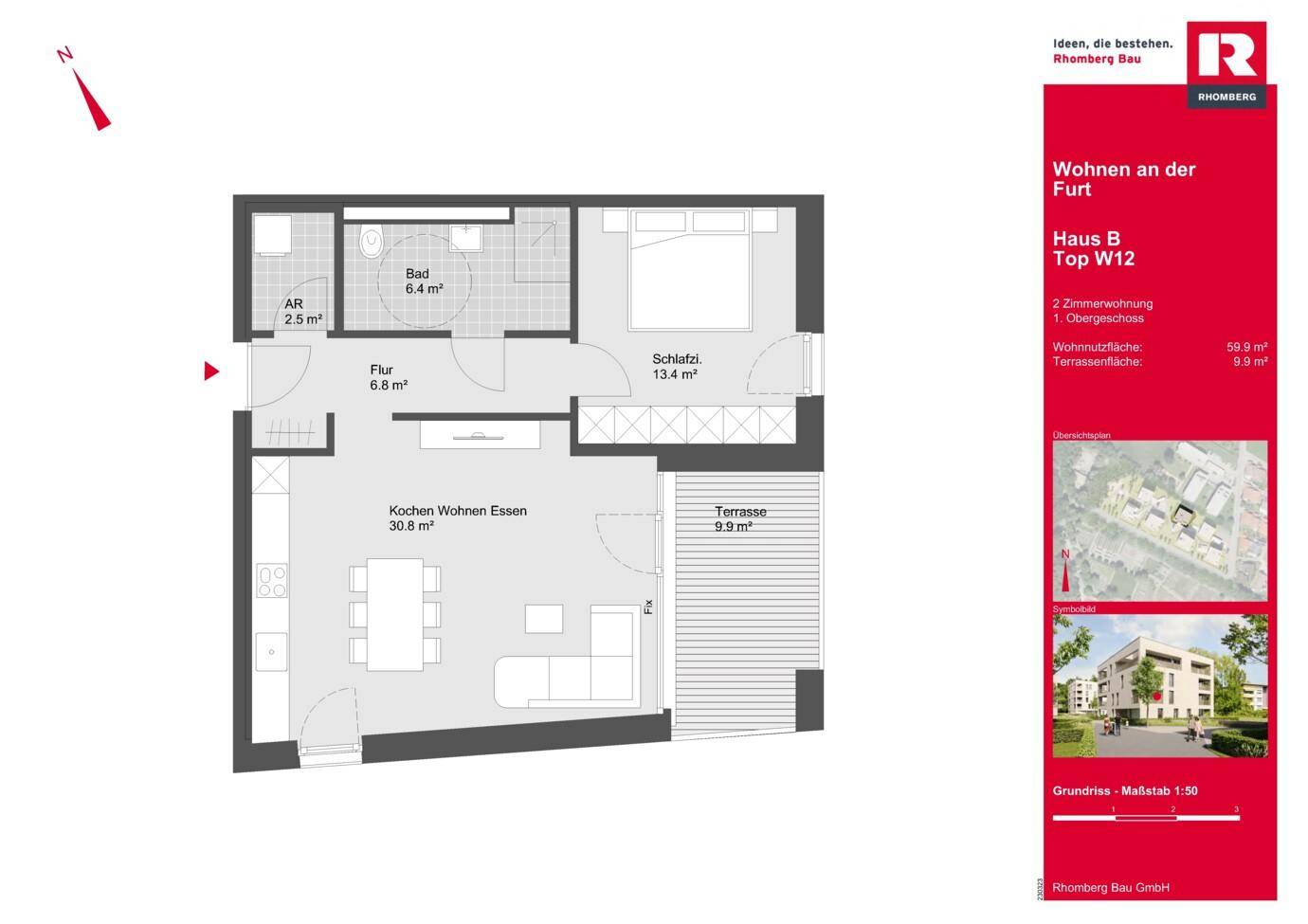 Grundriss einer 2-Zimmer-Wohnung mit offenem Wohnbereich, Schlafzimmer, Bad und Terrasse.
