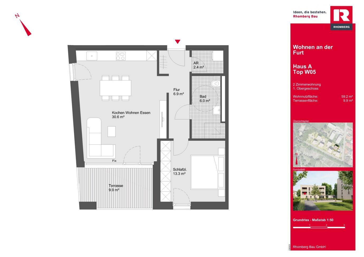 Detaillierter Grundriss einer modernen 2-Zimmer-Wohnung mit offenem Wohnbereich, Schlafzimmer, Bad und großer Terrasse.