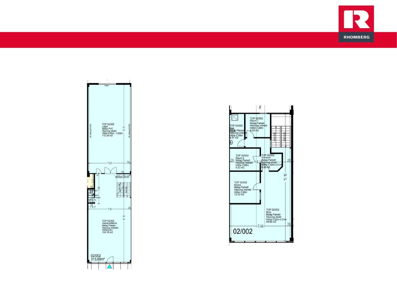 Zwei separate Grundrisse mit unterschiedlichen Raumaufteilungen und Flächenangaben, präsentiert mit Firmenlogo.
